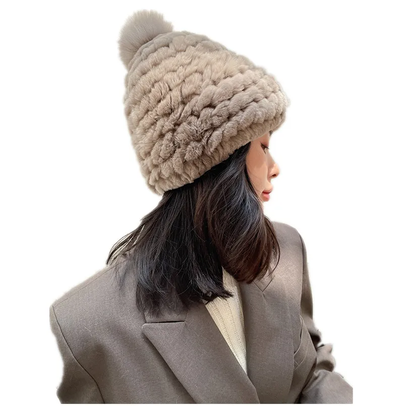 

Russian Winter Real Rex Rabbit Fur Hat Warm Cap Ladies Knitted Beanies with Real Fox Fur Pompom