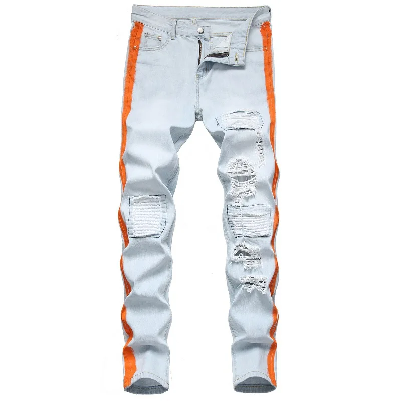 

Ripped Jean Pants Biker Straight Slim Frayed Denim Knee Hole Trousers New Fashion Men Clothes Long patch Jeans Pant Plus Size