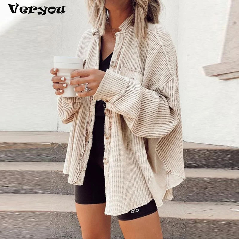 

Elegant Solid Color Ribbed Tops Lady Jackets Autumn Winter Fashion Breasted Button Women Coats Casual Loose Long Sleeve Outwears