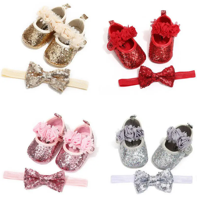 

Princess Baby Girls Shoes Flower Sequins Soft Sole Glitter Crib Shoes Anti-slip Sneakers Prewalker Shoes + Headband 0-18M