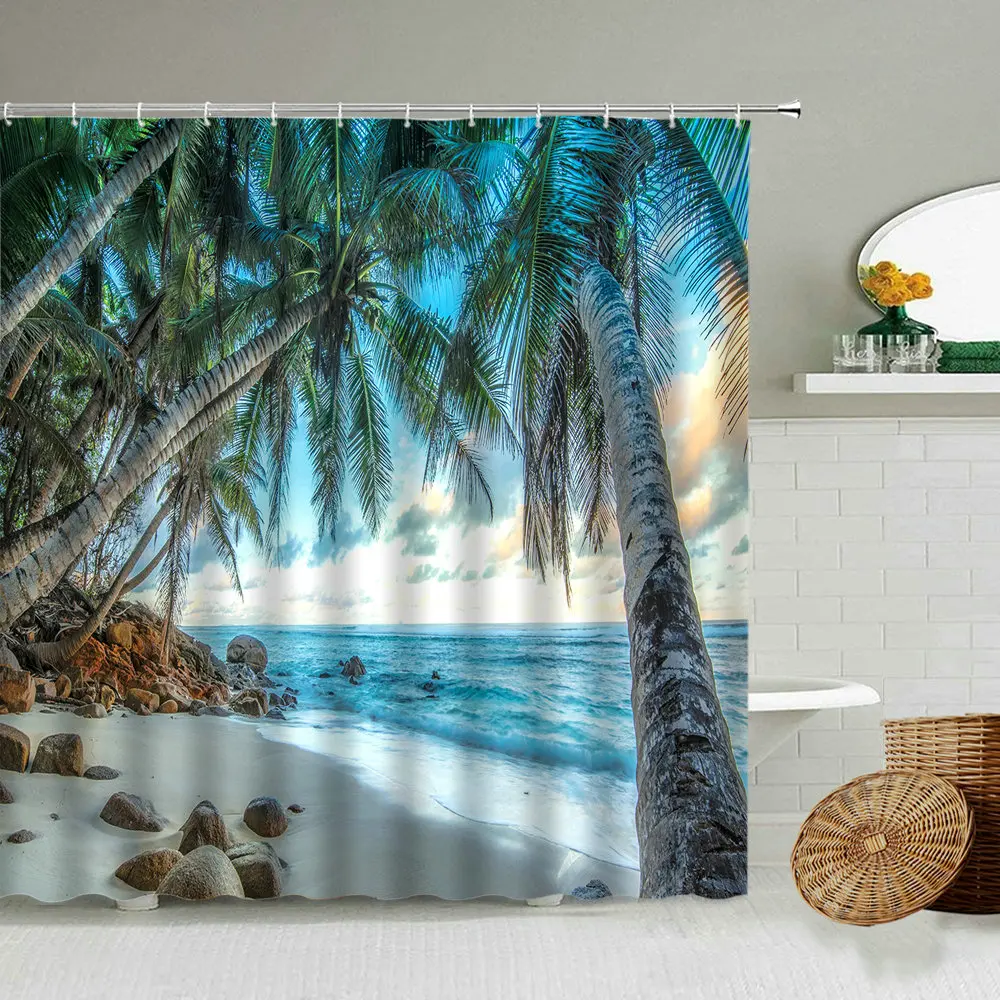 Занавеска для душа с изображением природного океана, пляжа, зеленых растений, камней, курорта, летнего ландшафта, Декор ванной комнаты, водонепроницаемый экран с крючком Занавеска для душа с изображением природного океана, пляжа, зеленых растений, камней, курорта, летнего ландшафта, Декор ванной комнаты, водонепроницаемый экран с крючком