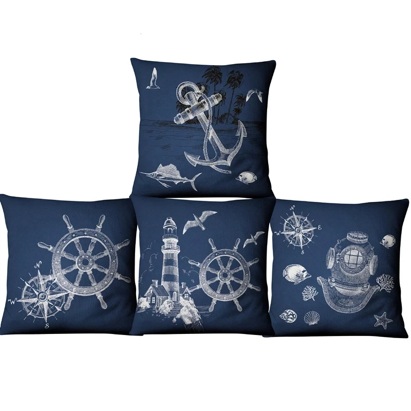 Blue Sea Compass Anchor Cushion Shell Starfish Pillows Mediterranean Throw Linen Pillowcase Home Decorative Decor Sofa Cushions