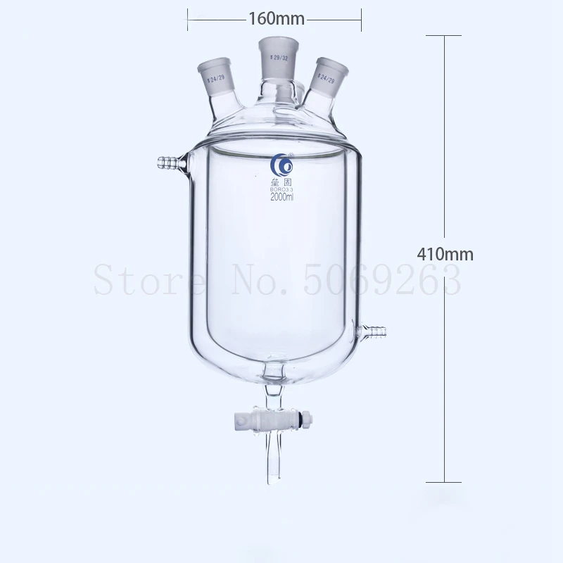 Laboratório de quatro boca Borosilica vidro revestido reação garrafa, PTFE esvaziamento válvula, de dois andares frasco