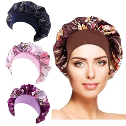 Printing Satin Bonnet For Women Elastic Wide Band Night Sleep Satin Hat Chemo Caps Hair Loss Cover Fashion Head Wrap Hair Care