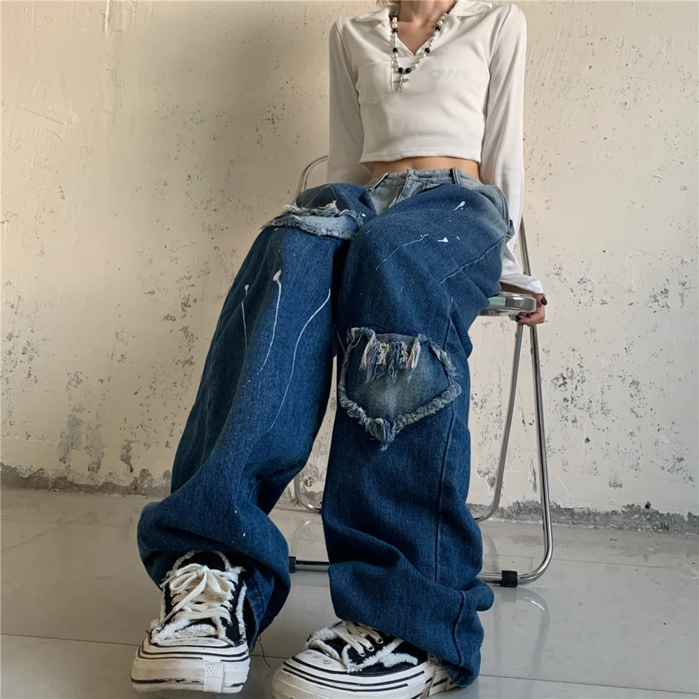 Jeans Pants Women's Autumn Design Straight Pants Jeans Loose Wear Out Denim Wide Leg Pants For Female