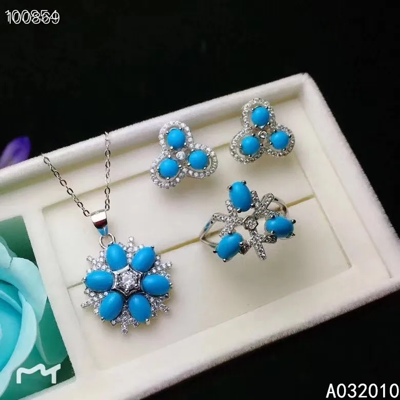 

KJJEAXCMY Fine Jewelry 925 sterling silver inlaid natural blue Turquoise female ring pendant earring set classic supports test