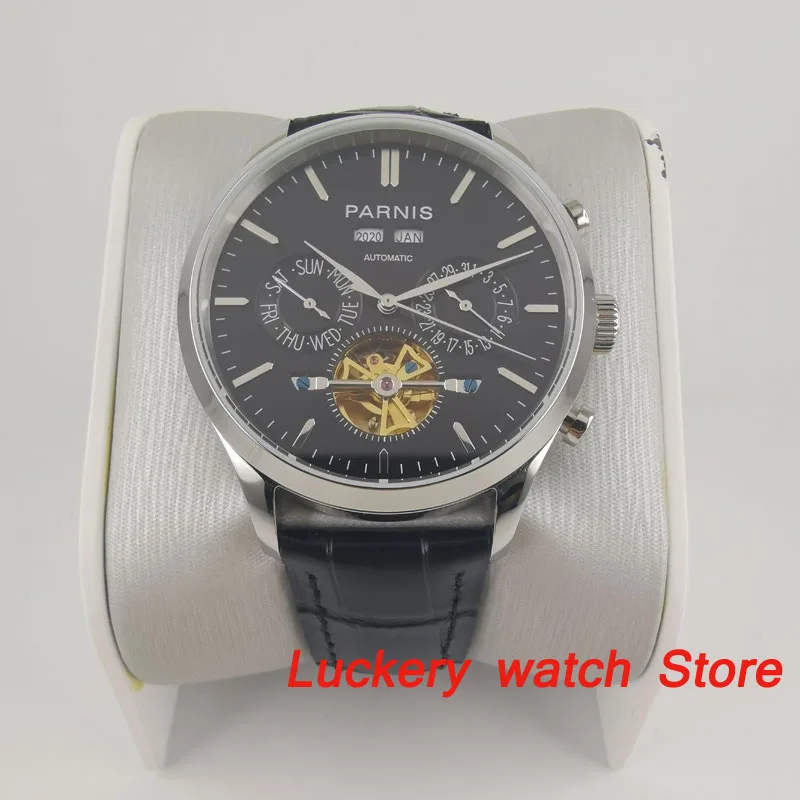 

Parnis 43mm Automatic mechanical watches black dial year month week date Multifunction Automatic mens watches PA122