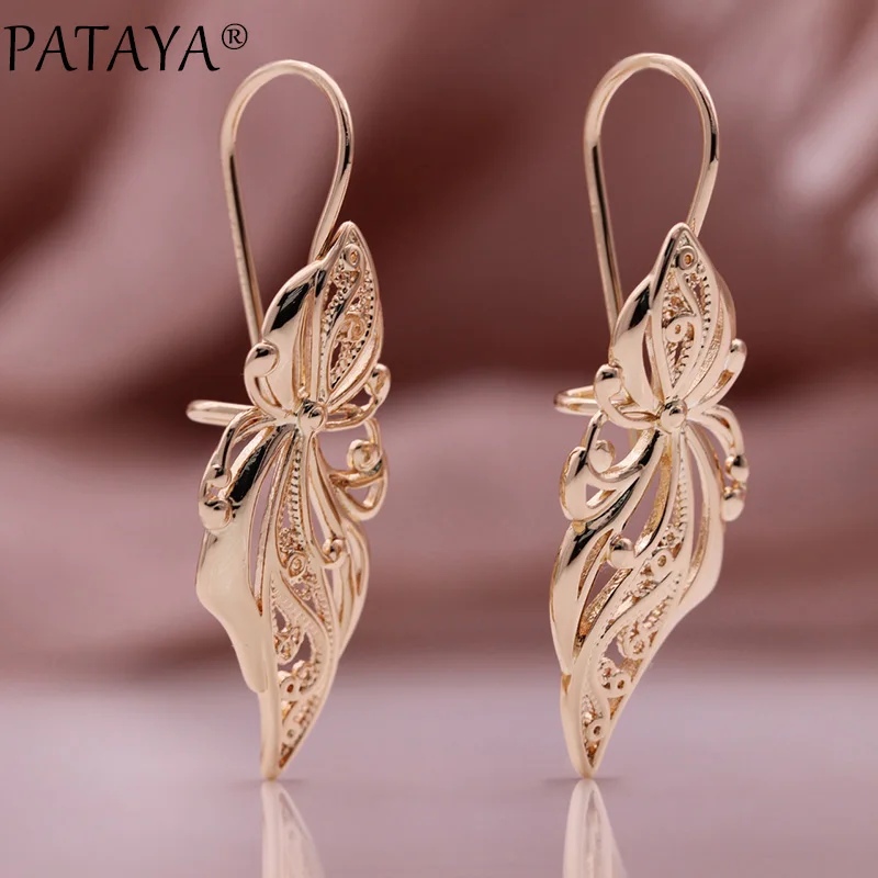 PATAYA New Women Wedding Unique Creative Fashion Jewelry 585 Rose Gold Color Long Earrings Hollow Metal Unusual Drop Earrings