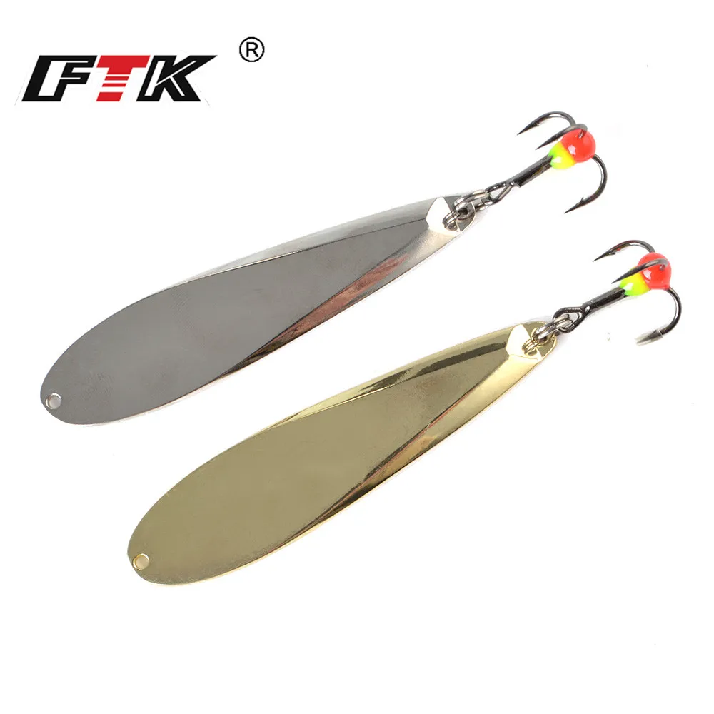 FTK 12g Metal Ice Fishing Lure With Treble 73mm Silver Winter Spoon Hard Artificial Baits Jig Lure Bass Pike