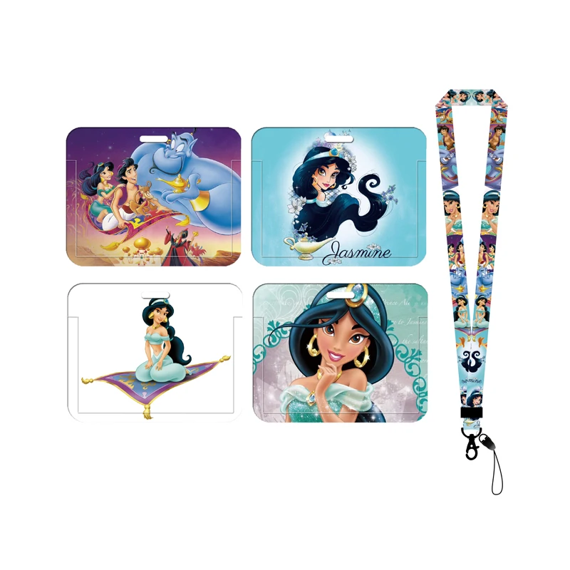 Disney Jasmine Aladdin Women\'s Name Card Covers ID Card Holder Students Bus Card Case Lanyard Visit Door Identity Badge