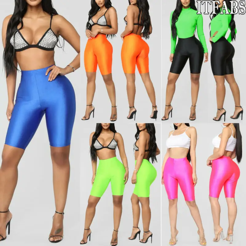 Ladies Women Men Cycling Shorts Dancing Neon Super Stretch Shiny High Waist Shorts