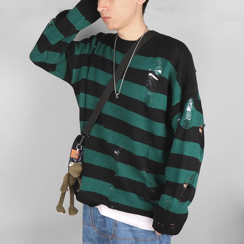 

Striped Knitted Sweaters Men Autumn Winter Hollow Out Pullover Hole Broken Jumper Punk Male Casual Women Oversized Sweater 2022