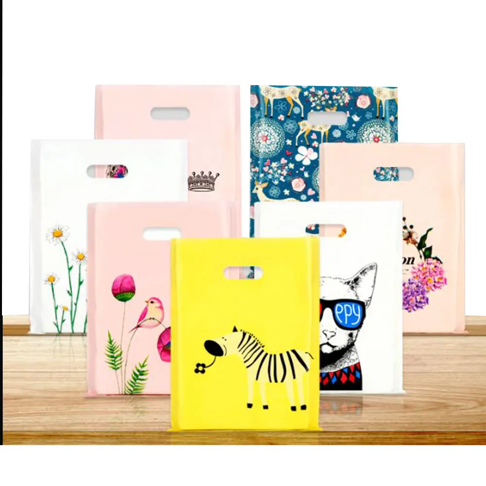 50pcs/Lot 15x20cm Cute Pattern Plastic Bag Small jewelry bag with handle gift bags candy cookie party favor packaging bag