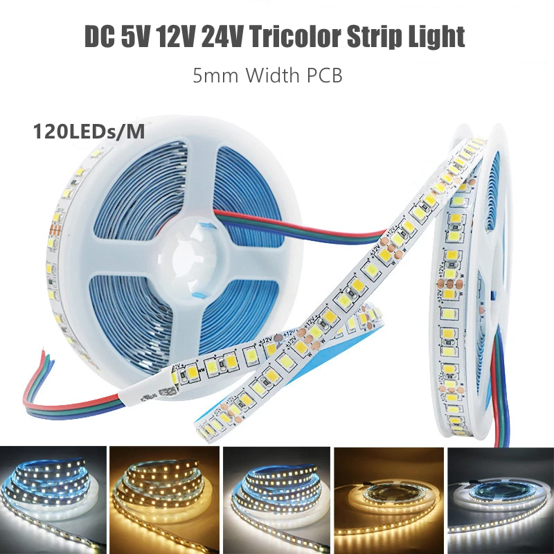 

Светодиодная ленсветильник CCT 5 В, 12 В, 24 В постоянного тока, 5 мм, печатная плата, трехцветная, затемняющий белый, теплый белый, 120 светодиодов/м, 2835 SMD, гибкая лента для украшения дома