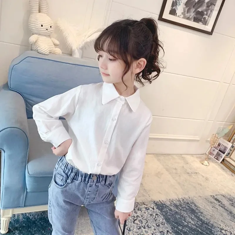 

Teenage Girls Cotton White Long Sleeve Shirt Kids Turn-Down Collar School Blouses Toddler Baby Girl Solid Top Blouses and Shirts