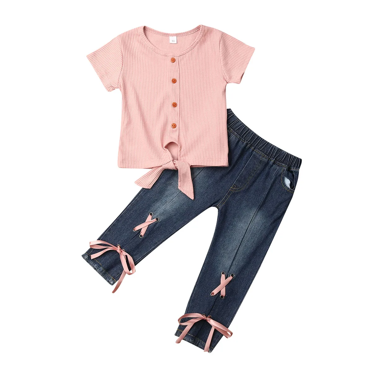 2021 Baby Summer Clothing Toddler Kid Baby Girl Clothes Ribbed Shirt Top Bandage Denim Pants Jeans Leggings Outfit 2PCS Set 1-5T