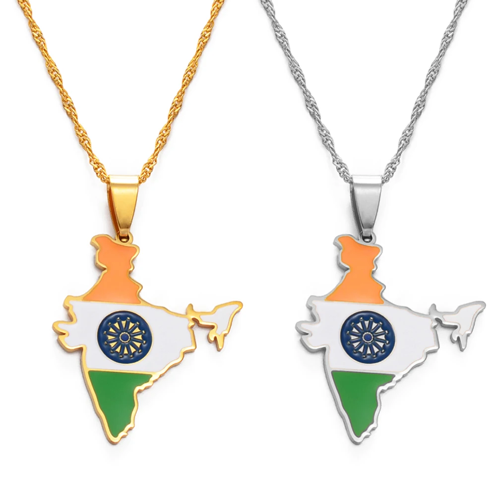 Anniyo India Map Flag Pendant Necklaces Silver Color / Gold Color Indian Jewelry #157821