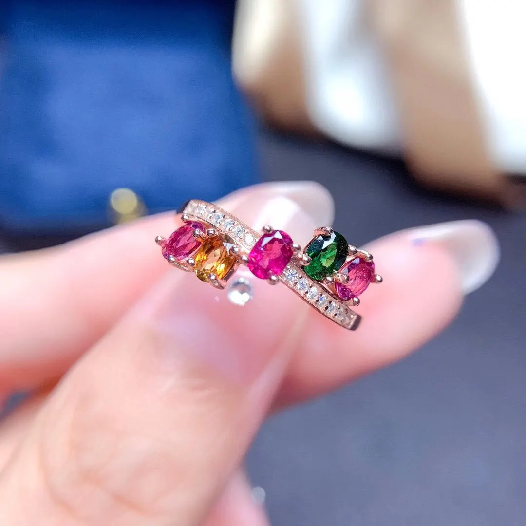 

100% Natural Multi-color Tourmaline Silver Ring for Young Girl 3mm*4mm Tourmaline Ring 925 Silver Tourmaline Jewelry
