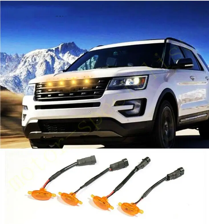 

LED Car Front Grille LED Amber Light Raptor Style Light Kit Decor W/ Wire Speed 4Pcs For Ford Explorer 2016-2019