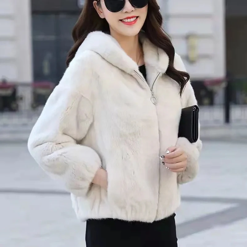 Women Winter Thick Warm Faux Fur Jacket Solid Zipper Hooded Imitation Mink Fleece Short Fur Coat Streetwear Plush Outerwear