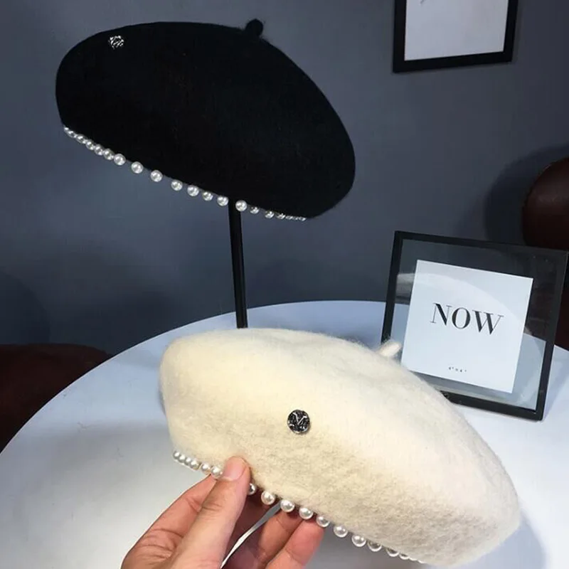 2022 Women\'s Cap Wool Berets Hat Elegant pearl Letter Vintage  Female Warm beret Hats Girls Flat cap beret for women