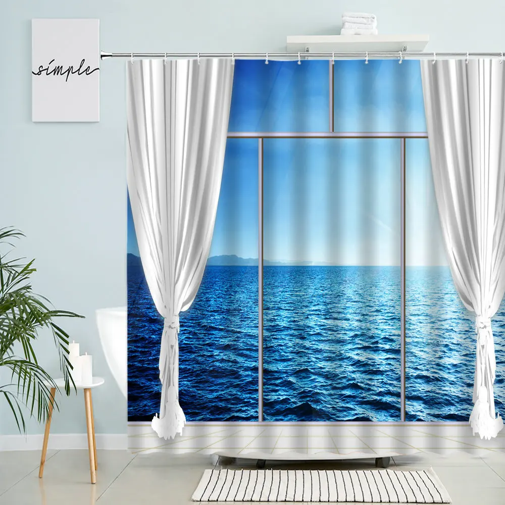 

Ocean Window View Shower Curtain Blue Sky Sunshine Waves Natural Scenery Photography Bathroom Waterproof Curtains Home Decor