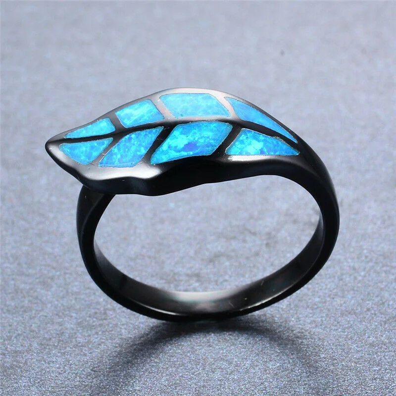 Vintage Blue Leaves Shape Simulated Opal T Black Gold Plated Wedding Jewelry Size 6-10