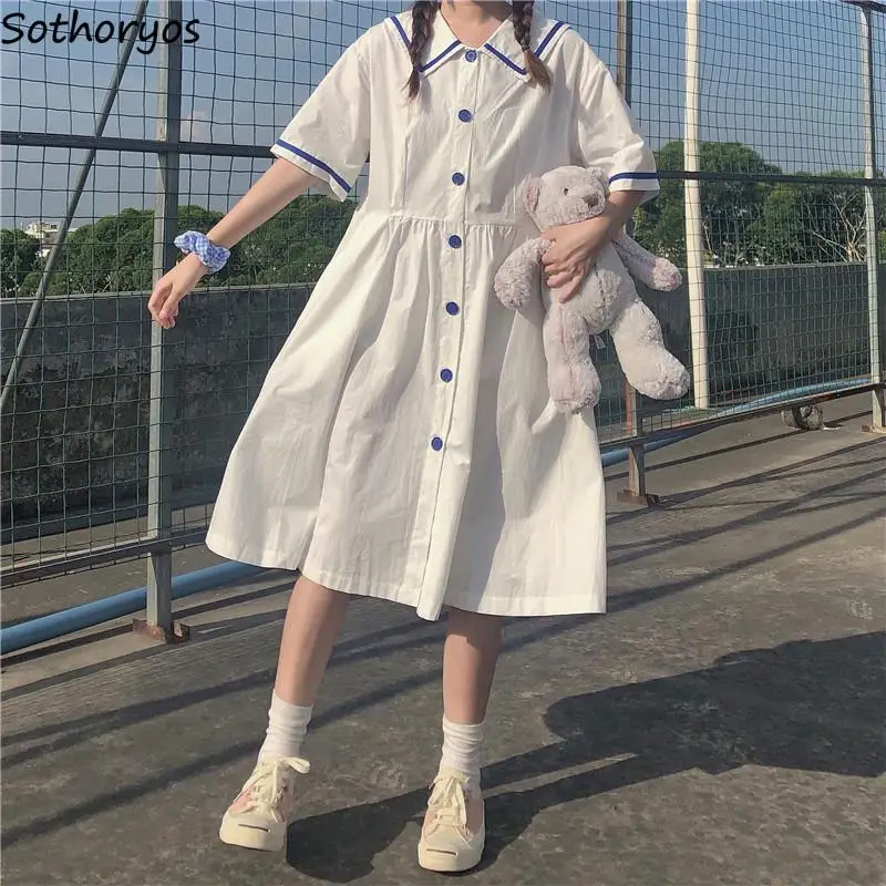 

Women Short Sleeve Dress White Patchwork Sailor Collar Single Breasted Students Sweet Cute Kawaii Summer Loose A-line Preppy Ins