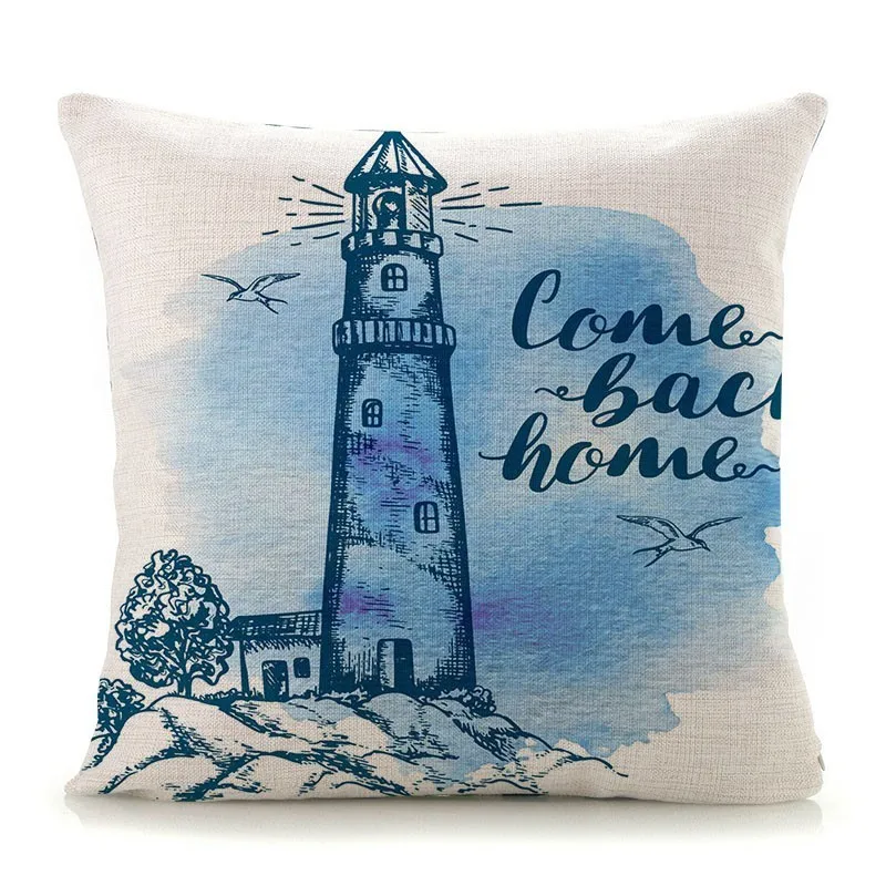 Mediterranean Lighthouse Ocean Sailing Print Home Decorative Cushion Cover Cotton Linen Pillow Case for Sofa Bed Chair 45x45cm
