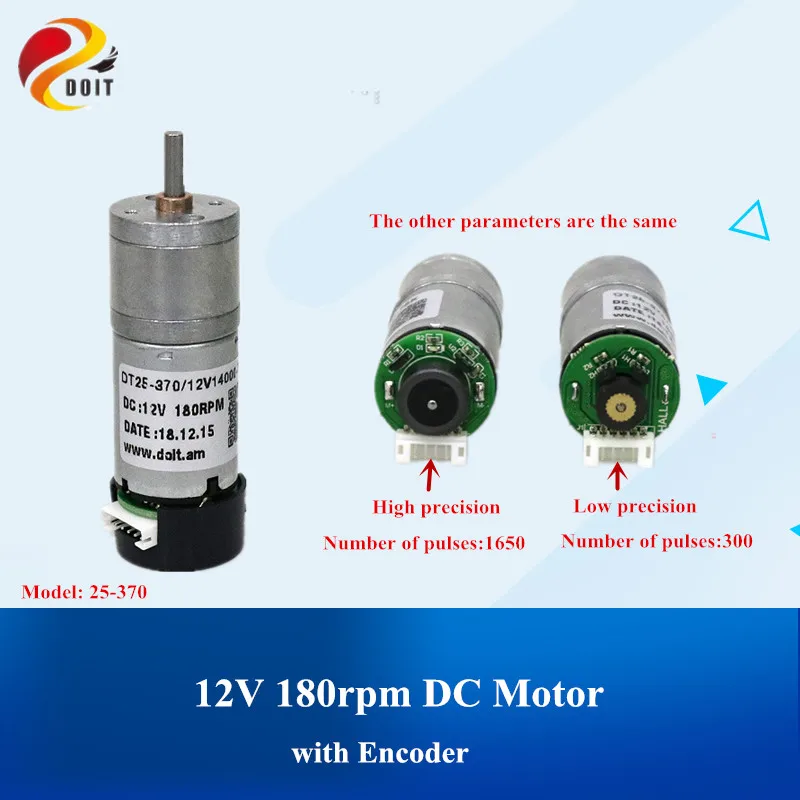 DOIT 25-370 12V 180rpm DC Motor with Encoder 180rpm Phi 4mm Deceleration Motor High Torque Motor for Robot Car Chassis diy rc