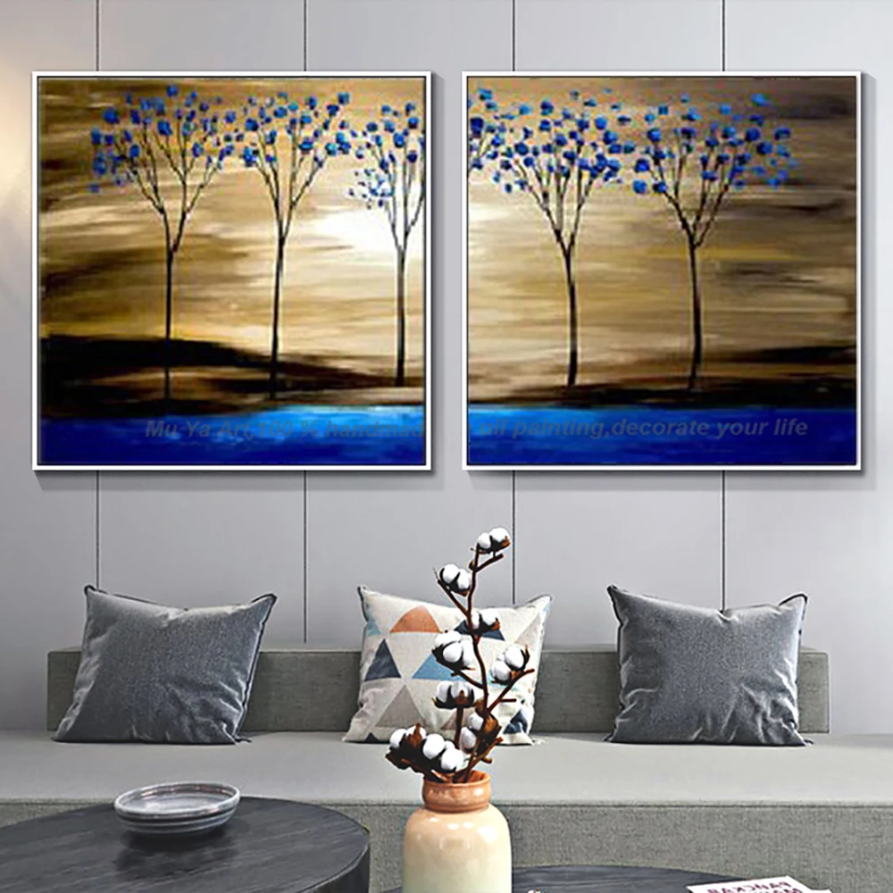 Decorative picture oil painting on canvas handmade blue tree lanscape painting abstract decoration murale salon for living room image 2