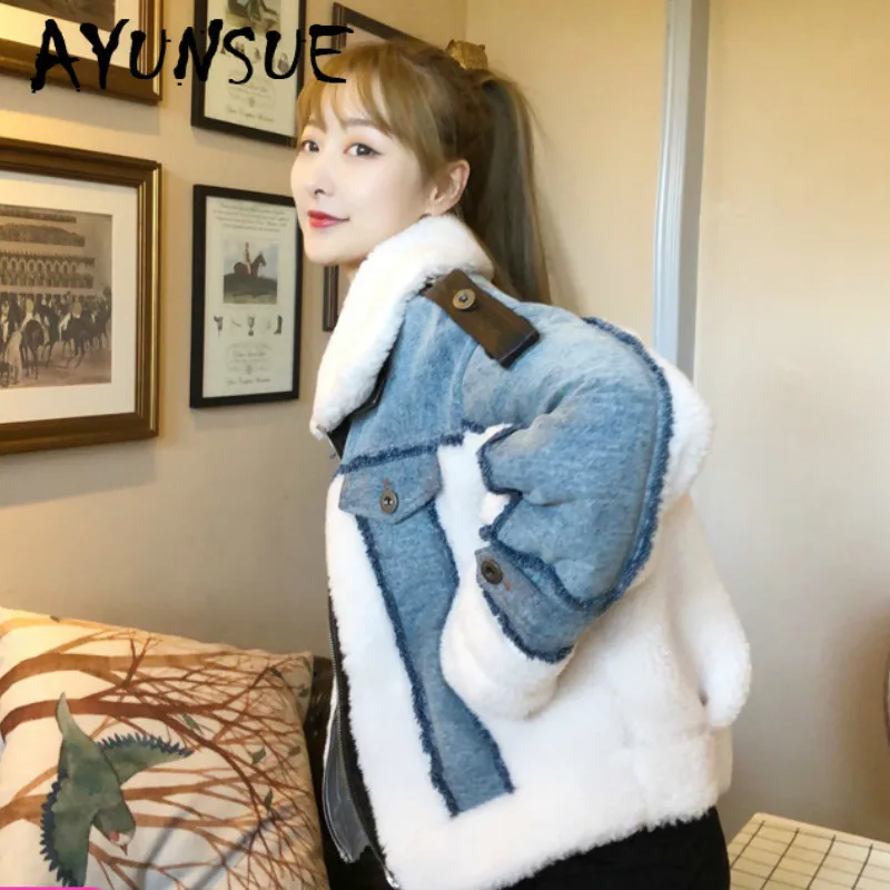 Winter Coat Women Clothes 2020 Sheep Shearing Real Fur Coat 100% Wool Jacket Women Korean Spliced Denim Fur Tops YY2204