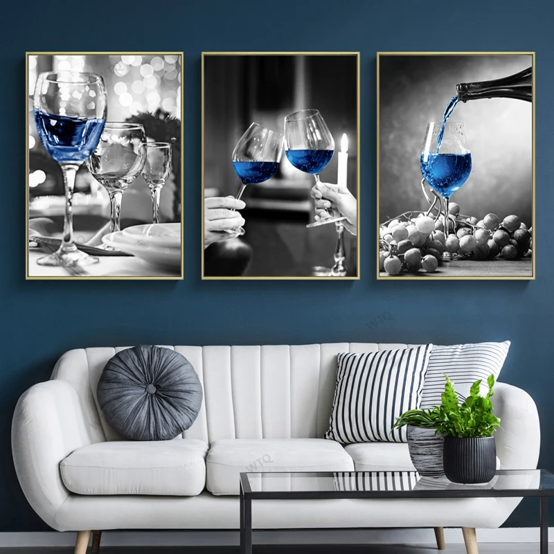 Black and White Wine  Vintage Posters Glass Canvas Printings Champagne Blue Wall Decor Room Decor Home Decor Wall Art Picture