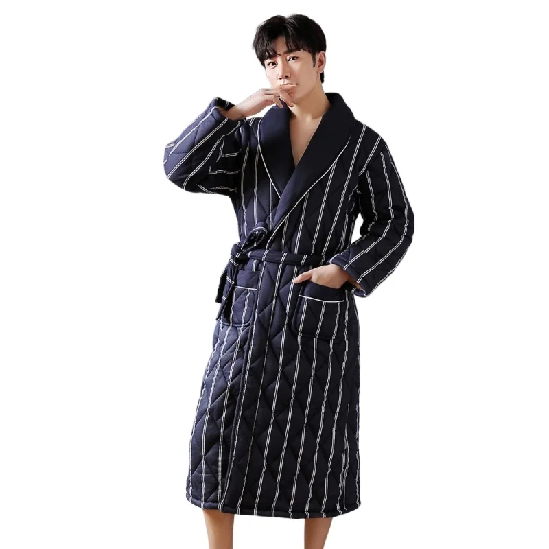 Thick 3 Layers Keep Warm Winter Striped Bathrobe Men Soft Cotton Quilted Long Kimono Bath Robe Male Dressing Gown for Mens Robe