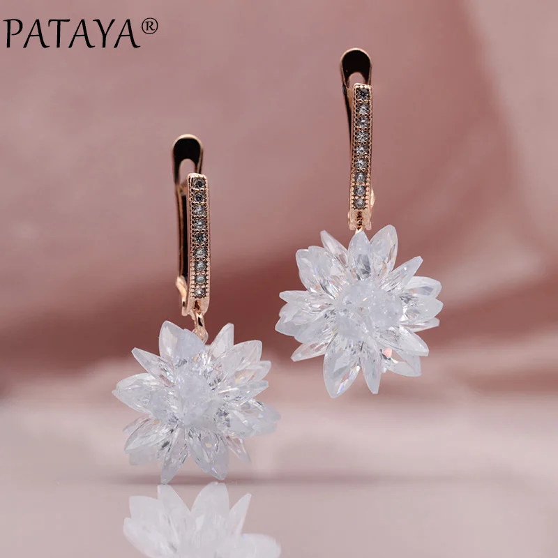 PATAYA New 585 Rose Gold Color Micro-wax Inlay Manual Ball Natural Zircon Long Drop Earrings Women Wedding Luxury Fine Jewelry