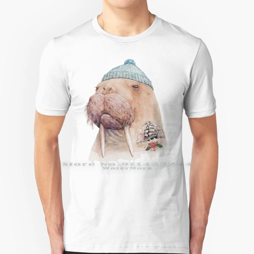 Tattooed Walrus 100% Cotton T Shirt Tattoo Flash Coastal Rustic Sea Animals Sailor Fisherman Sea Creature Tattooed Walrus