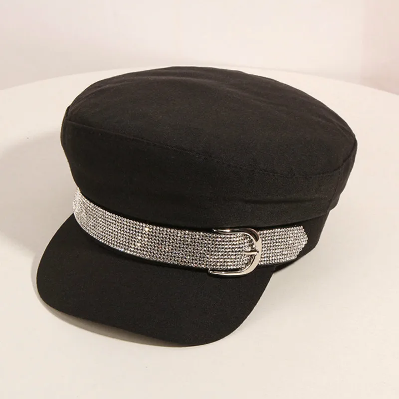 

H752 Beret Hat Women Spring Autumn Korean Temperament Metal Buckle Diamond Decoration Navy Cap Girl British Vintage Fashion Caps