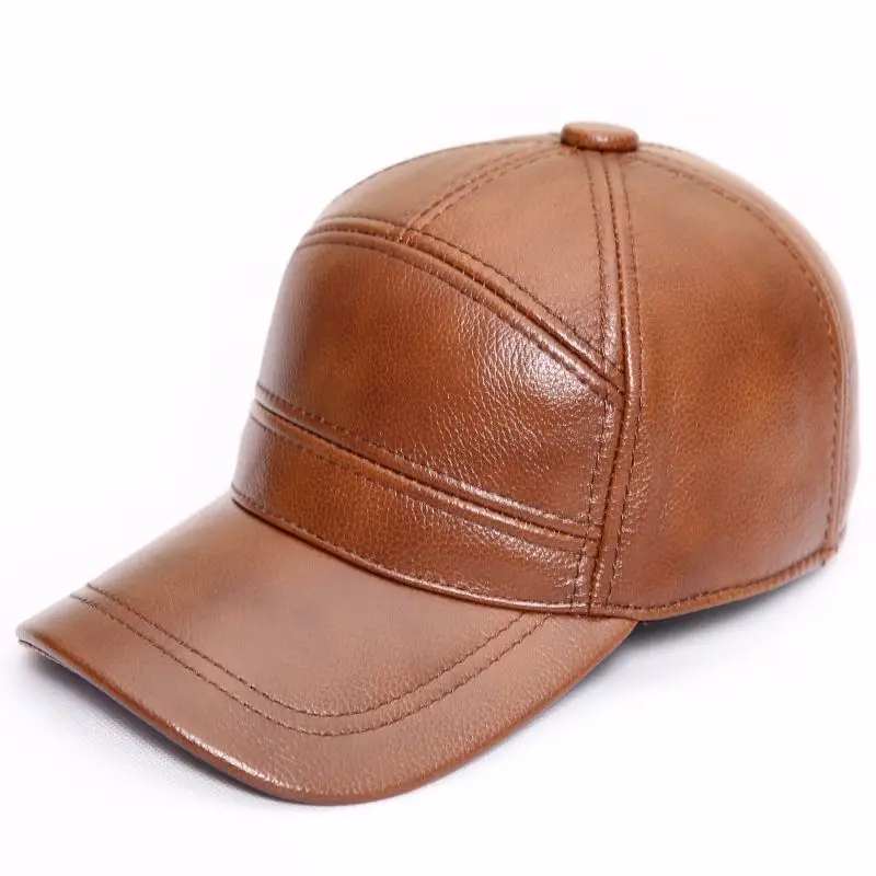 Cowhide men\'s baseball cap autumn and winter duck tongue hat outdoor leisure leather sunshade hat