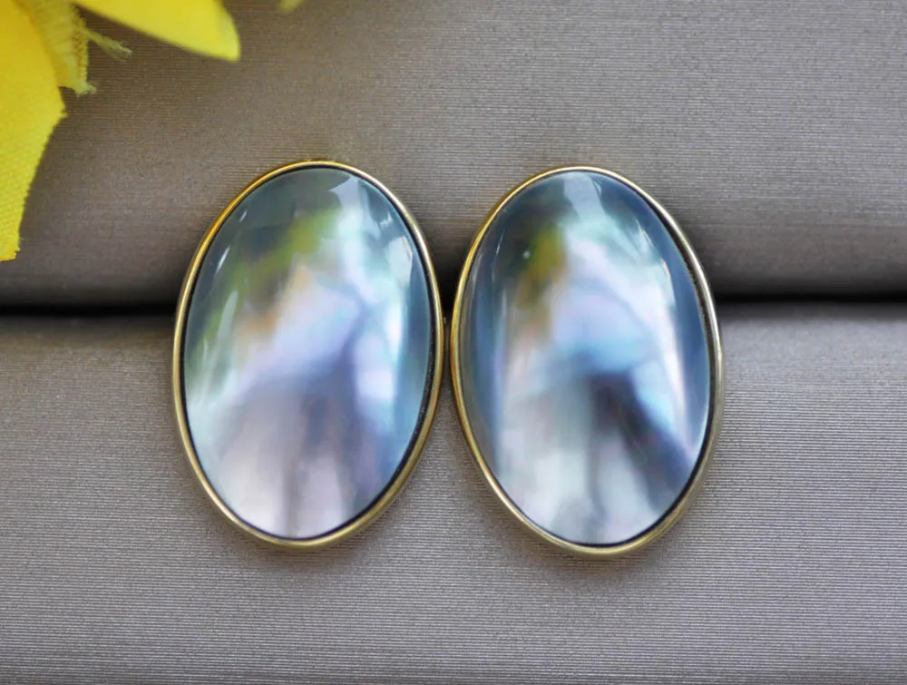 Z11107 22mm Blue Egg-Hemisphere Mabe Pearl Stud Earring Plating 925silver