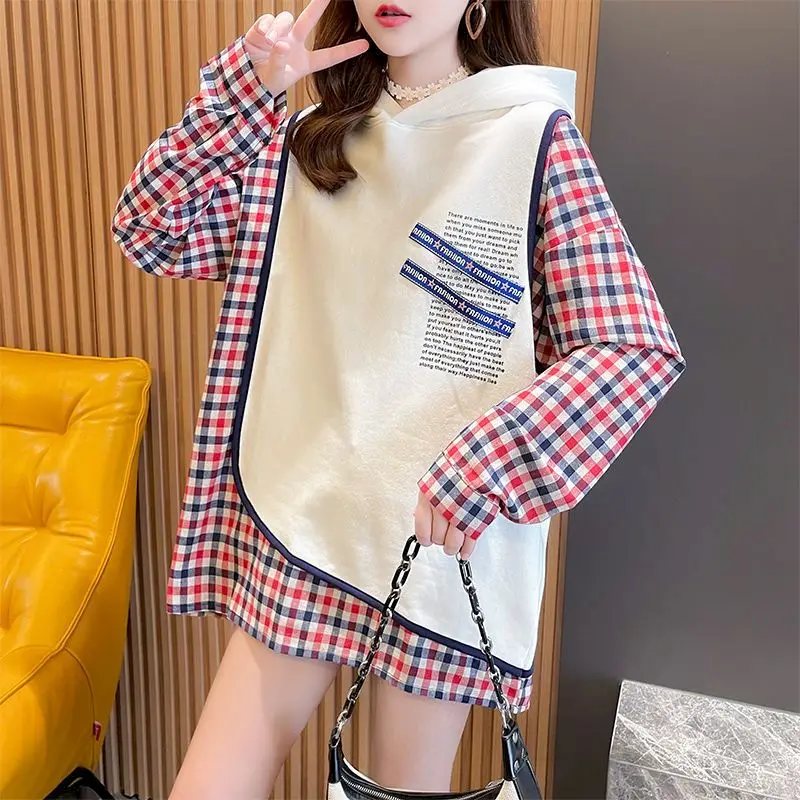 Hoodies Women Design Sense Lattice Stitching Fake Two-piece Hoodies Women Thin 2024 Autumn New Korean Fashion Hooded Loose Tops