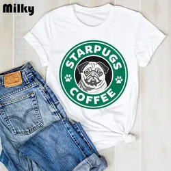 Women Lady Dog Pet Pug Coffee aesthetic Cartoon Goth Clothes Graphic T Tee Tshirt Womens Female Top Shirt Clothing T-shirt