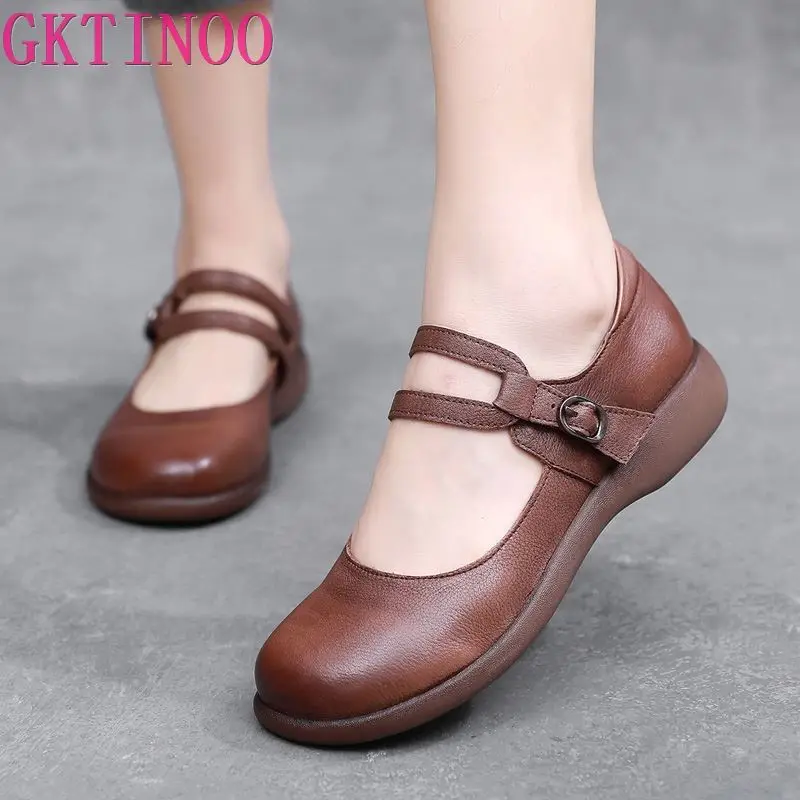 GKTINOO Leather Shoes Women Mary Janes Genuine Leather Women\'s Shoes Round Toe Belt Buckle Ladies Casual Flats Large Size