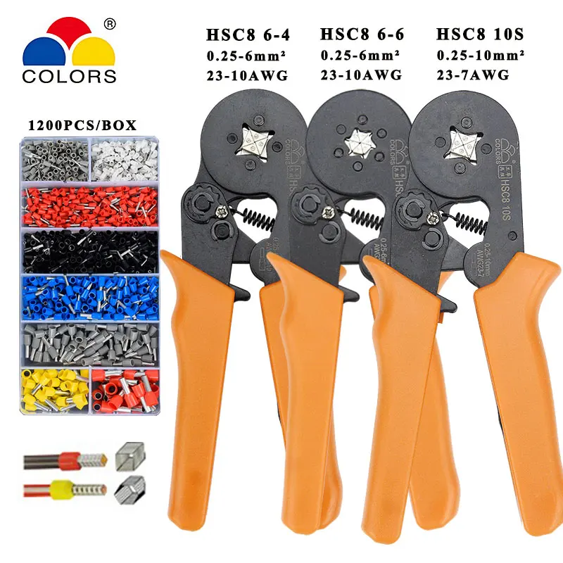 

HSC8 10S crimping pliers 0.25-10mm2 23-7AWG HSC8 6-4/6-6 with 1200pcs/box tube type needle terminal mini Pressure wire tools