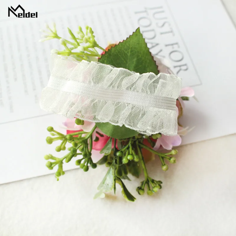 Meldel Cưới Boutonniere Chú Rể Ví Lắc Chân Cô Dâu Cổ Tay Áo Khoác Nữ Họa Tiết Cô Gái Vòng Tay Hồng Lụa Đảng Hứa Cưới Người Lập Kế Hoạch Hoa