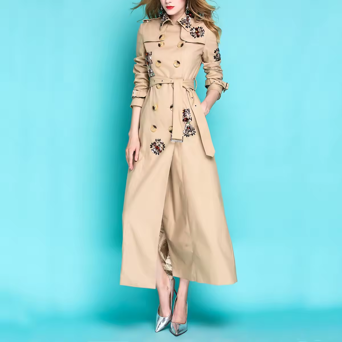 Long Double Breasted Trench Coat for Women British Style Luxury Beadings Maxi Coat Work Business Coat Plus Size 2025