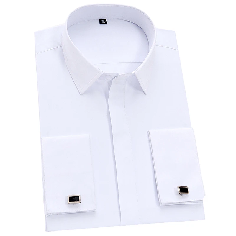 Men's Classic French Cuff Dress Shirt Covered Placket Long Sleeve Tuxedo Male Shirts with Cufflinks No Pocket Office Work White