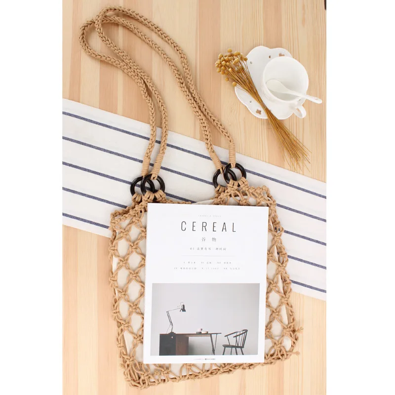 33x30CM New Solid Color Wooden Ring Hollow Cotton Rope Woven Bag Natural Style Handmade Net Bag Holiday Beach Straw Bag a7157