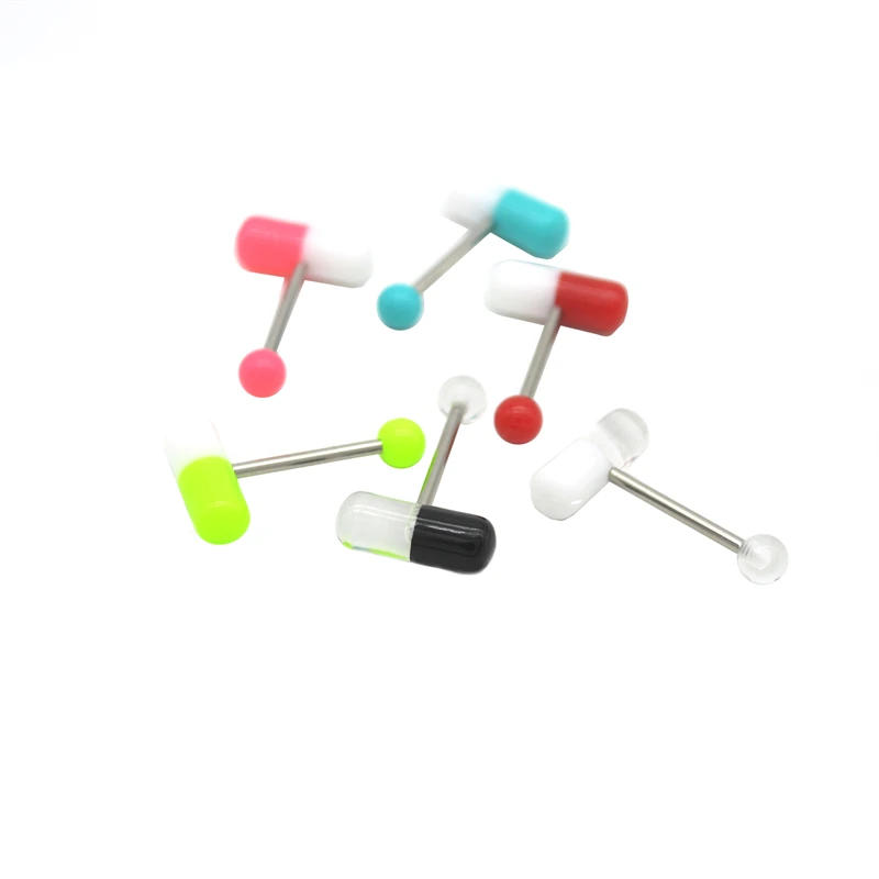 Straight Barbell Capsule Tongue Rings Acrylic Pill Piercing Jewelry Surgical Steel Bars 14G Wholesalee