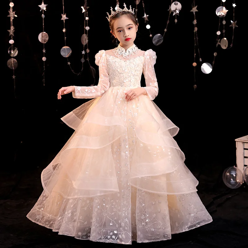 Kids Maxi Party Wedding Toddler Girl Clothing Gorgeous Gold Sequins Children Pageant Gown Baby Princess Dress Chinese Style Robe