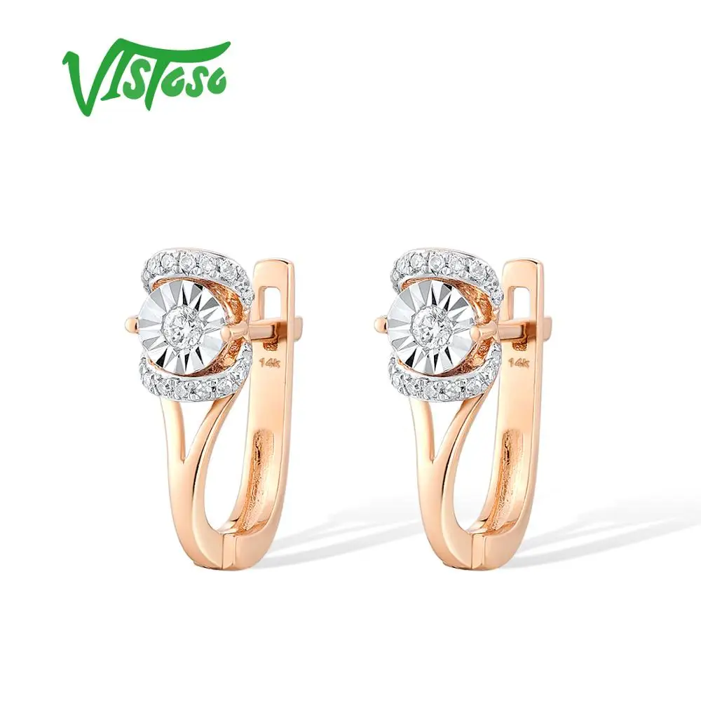 VISTOSO Pure 14K 585 Two-Tone Gold Earrings For Lady Sparkling Illusion-Set Miracle Plate Diamond  Engagement Gift Fine Jewelry